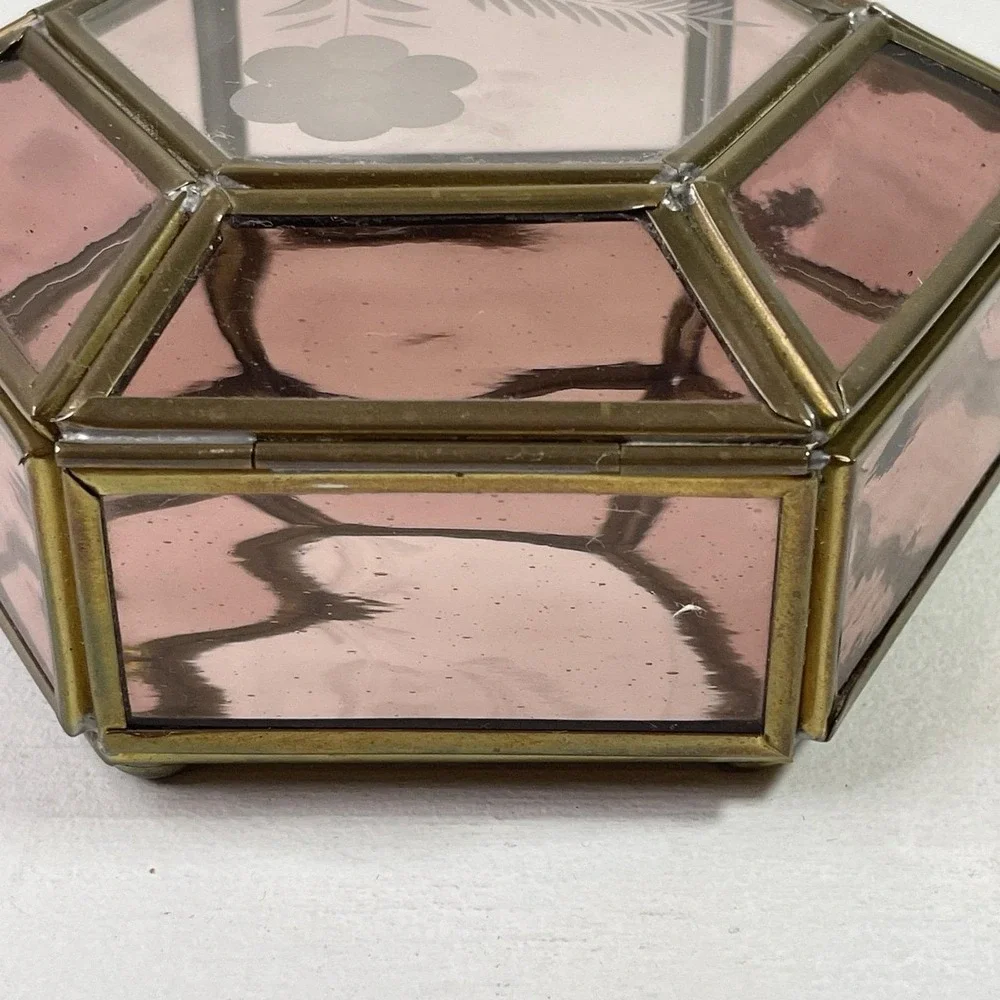 Vintage Purple Glass Jewelry Box Etched Flower Mirrored Brass Base Hexagon
